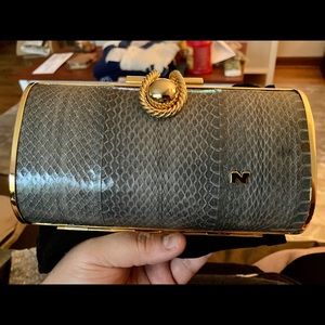 Nina Ricci 1970’s Gold & Snake Skin Grey Clutch